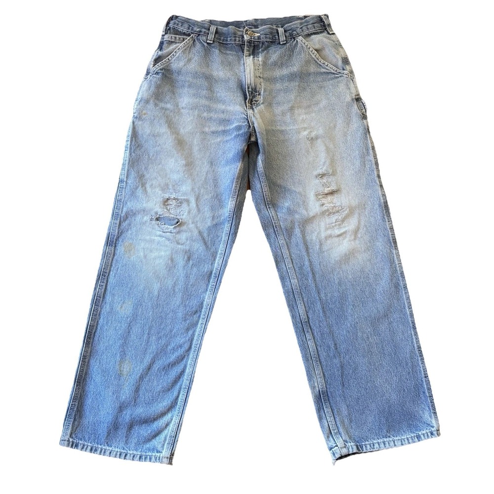 VTG Carhartt Carpenter Jeans 34x30 Blue Grunge Workwear Y2K Baggy Thrashed READ